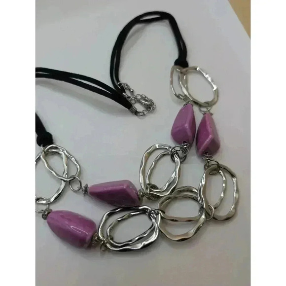 Ceramic Purple Hand Made Silver Tone Black Velvet Necklace - Picture 3 of 4